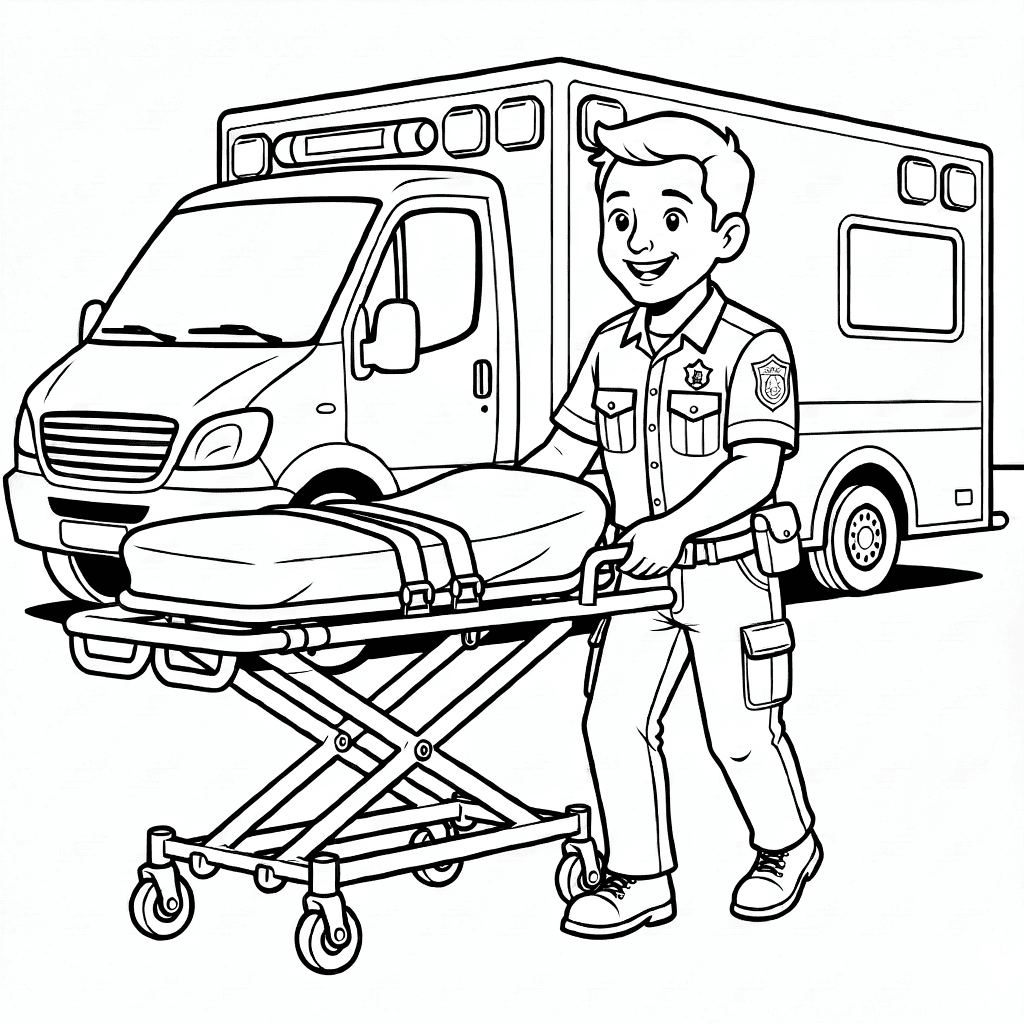 Lächelnder Sanitäter schiebt eine Trage, im Hintergrund steht ein Rettungswagen, detaillierte Uniform und Ausrüstung