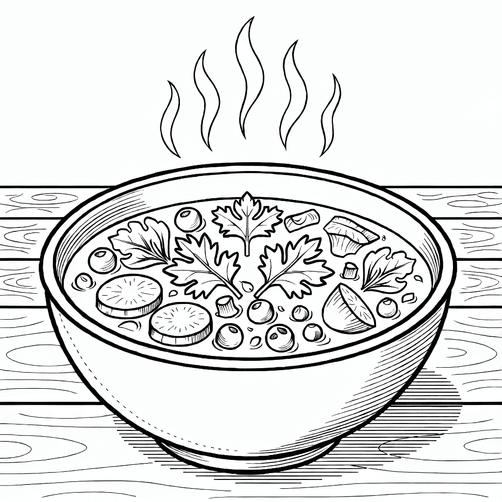 Realistische Schüssel Gemüsesuppe mit Dampf, Keramikschüssel, Karotten, Erbsen, Grünzeug, Petersilie, Koriander, auf