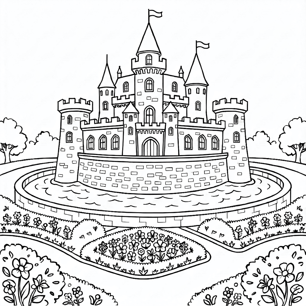 A historic castle with towers, battlements, arched windows, a wide moat with rippling water, and a manicured garden in front