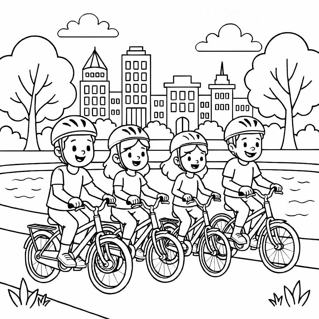 Family of four riding bicycles along a river promenade with cityscape and trees in background