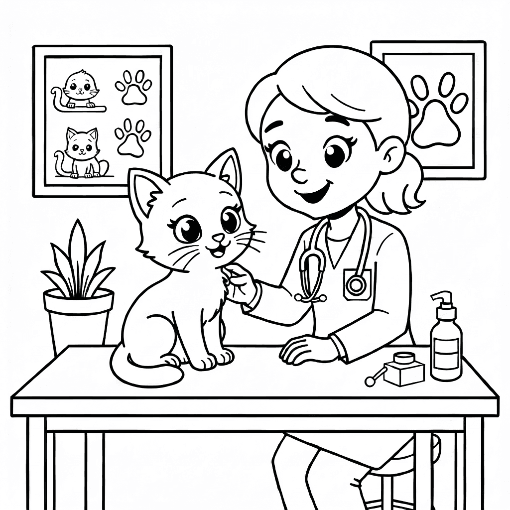 Freundlicher Tierarzt lächelt und untersucht ein glückliches Kätzchen auf einem Tisch in einer gemütlichen Tierklinik mit