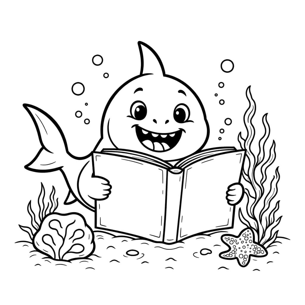 A shark underwater reading a book with bubbles around