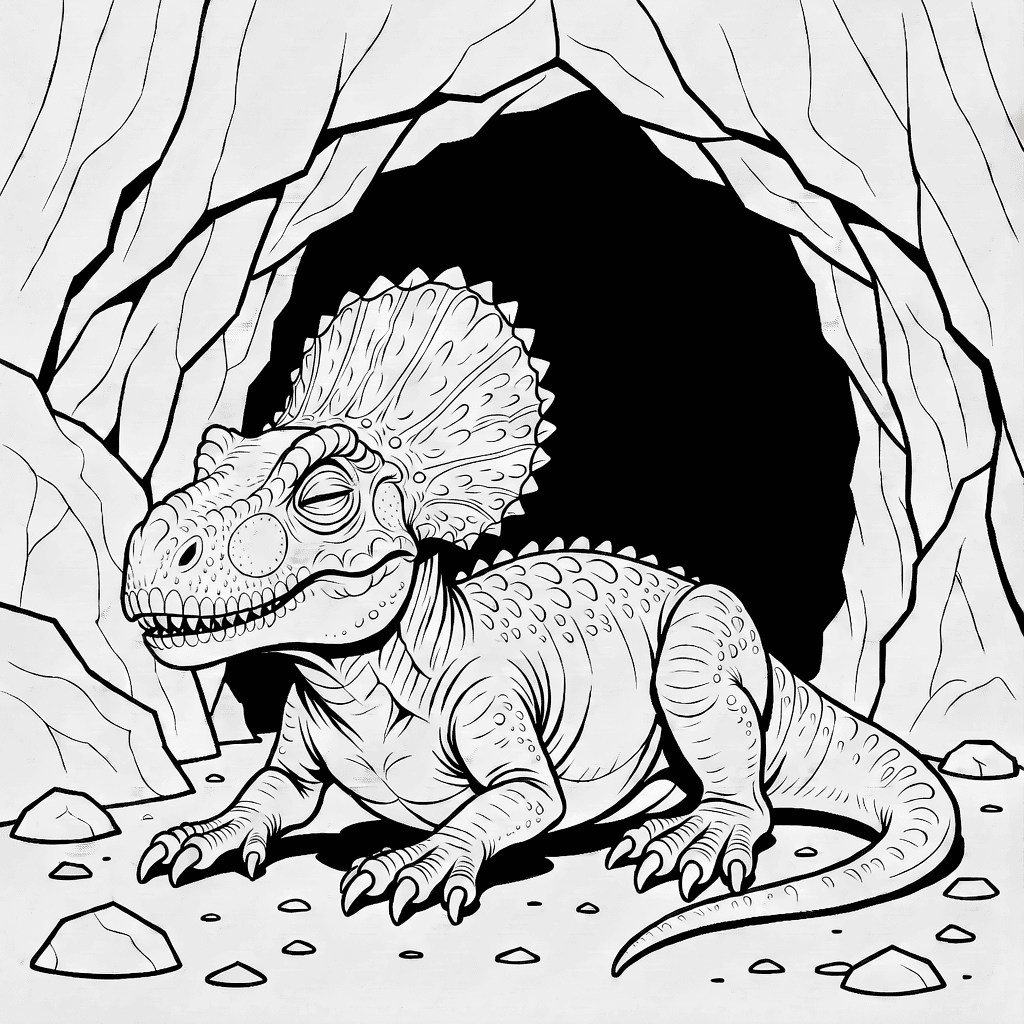 Um Dilophosaurus descansando no chão perto de uma caverna rochosa com escamas detalhadas e rochas texturizadas