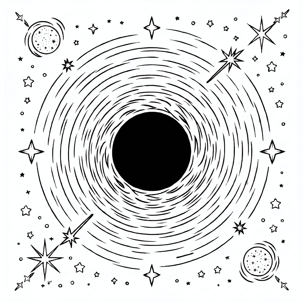 Buraco negro detalhado com disco de acreção giratório e estrelas próximas distorcidas pela gravidade em fundo branco