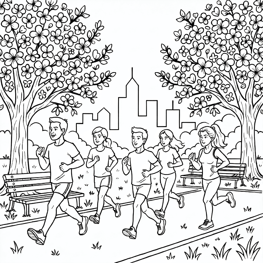 City park in spring with blossoming trees and joggers running along a path and city skyline in background