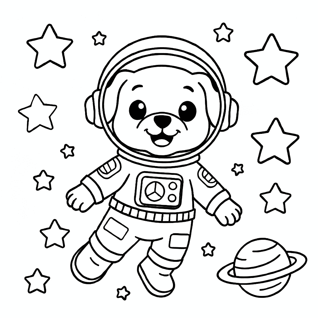 A cute dog astronaut floating in space surrounded by stars