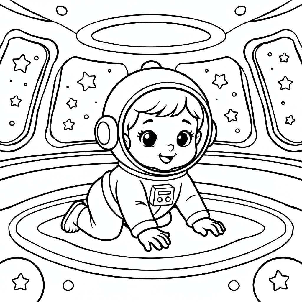 Yuvarlak kasklı ve geniş pencerelerden yıldızların göründüğü uzay gemisi içinde emekleyen sevimli bebek astronot