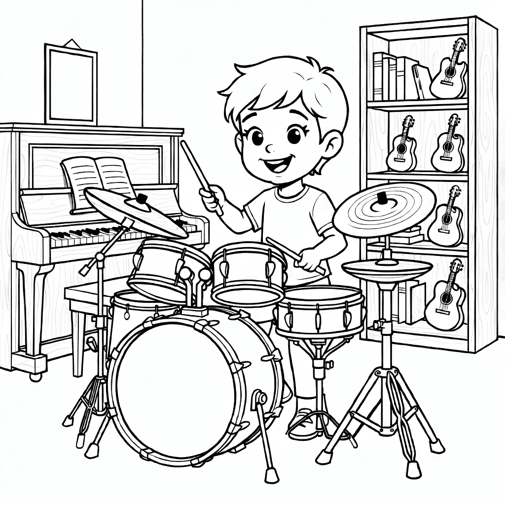 Kind spielt fröhlich Schlagzeug in Musikzimmer mit Klavier und Instrumentenregalen