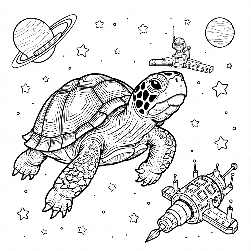 A realistic turtle in space orbiting near a detailed spacecraft with stars and planets in the background
