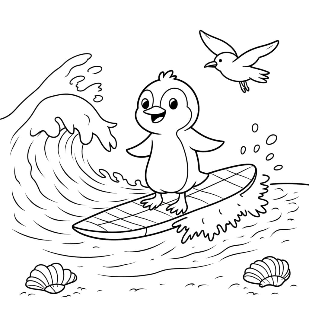 Cute penguin surfing on a large ocean wave on a surfboard