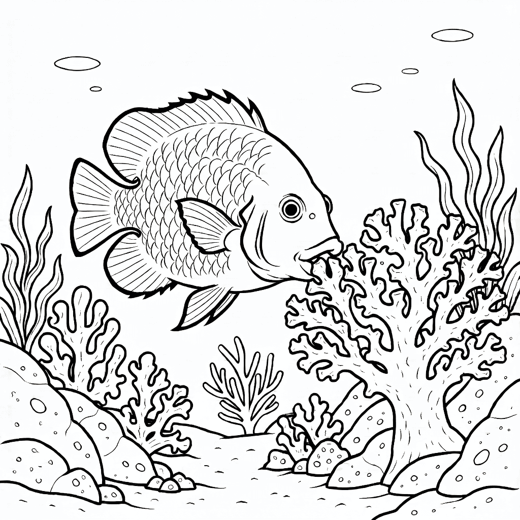 Pesce pappagallo realistico che mordicchia corallo strutturato in barriera corallina illuminata con rocce e piante marine