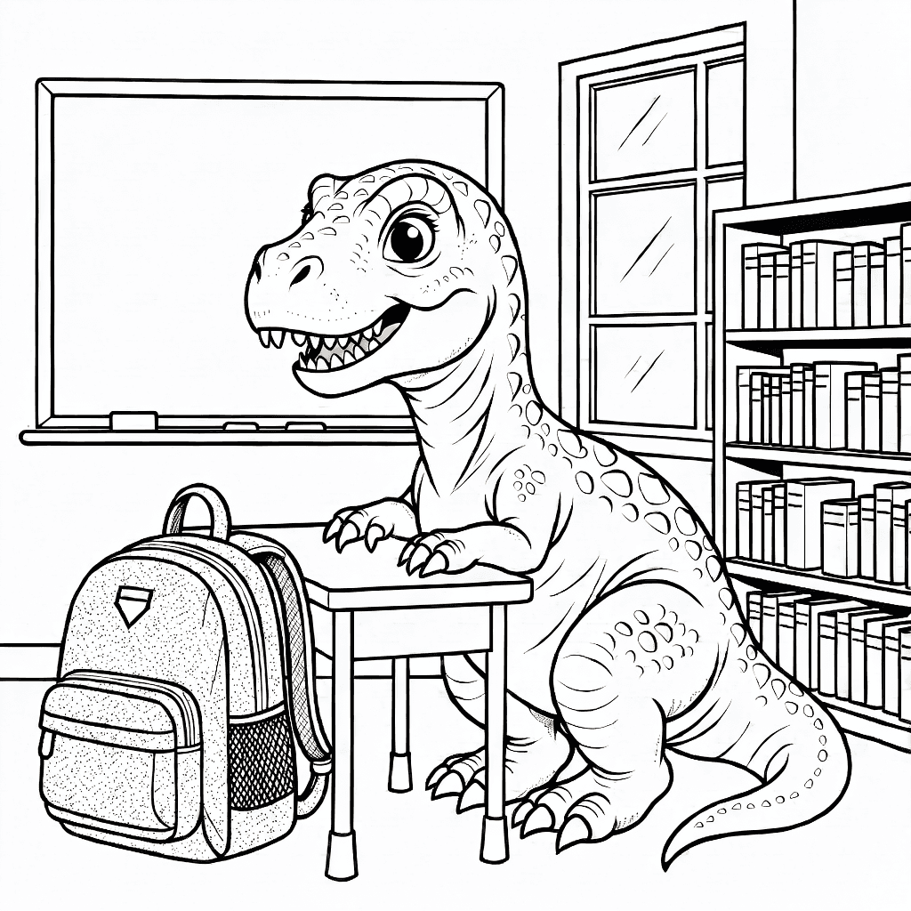 A cute dinosaur sitting in a classroom chair with a backpack beside it.