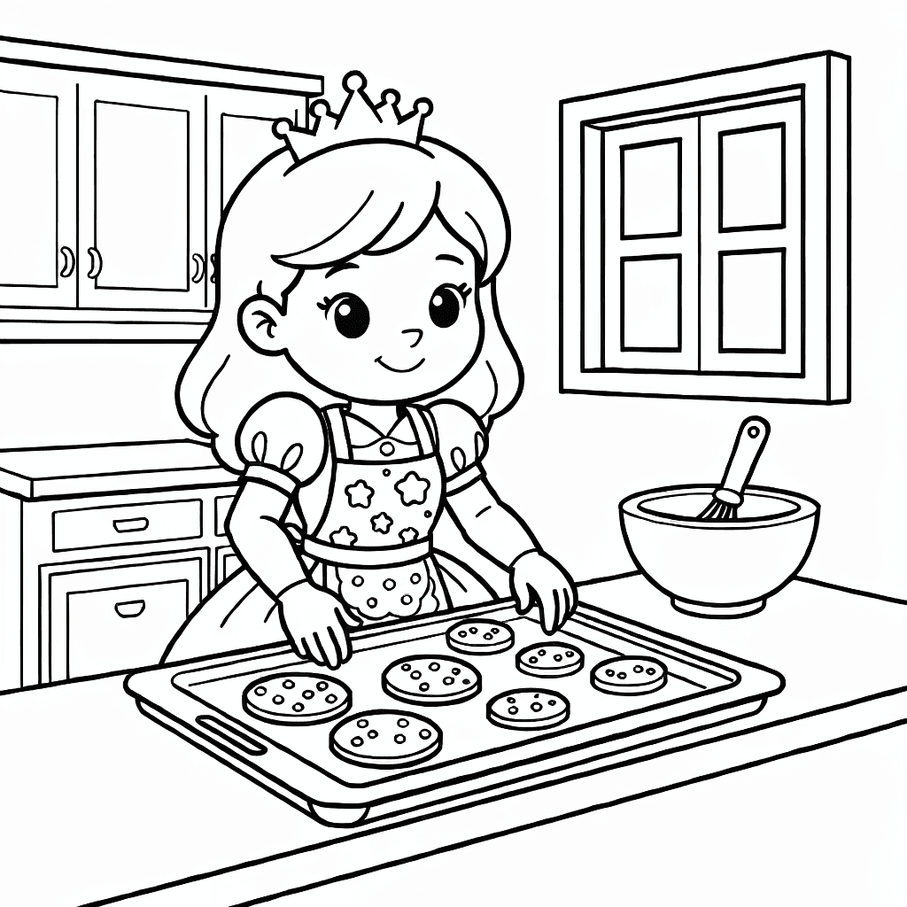 Principessa sorridente con grembiule colorato che cuoce biscotti in cucina accogliente con teglia e ciotola