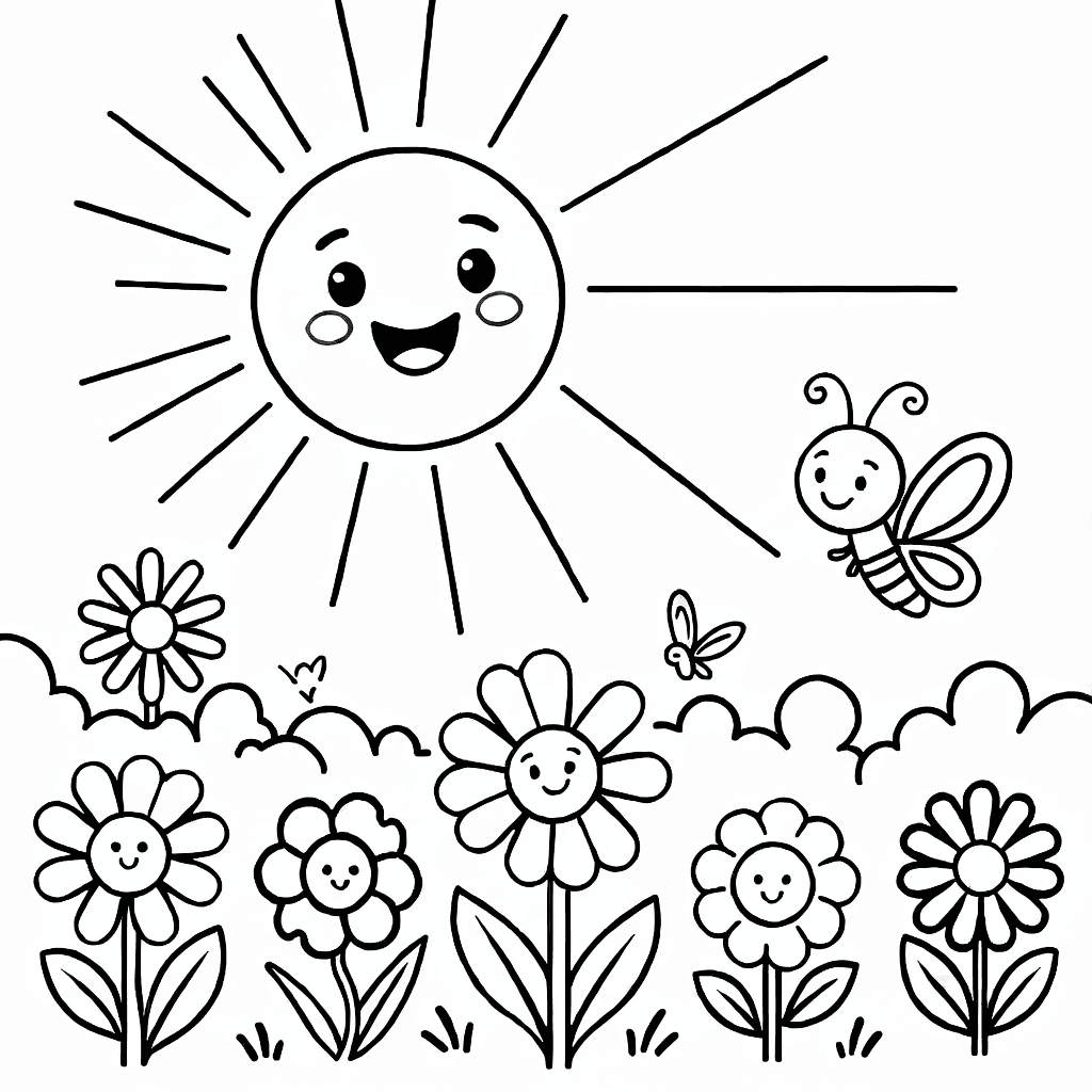 Um sol sorridente brilhando sobre um jardim com flores alegres e uma pequena borboleta
