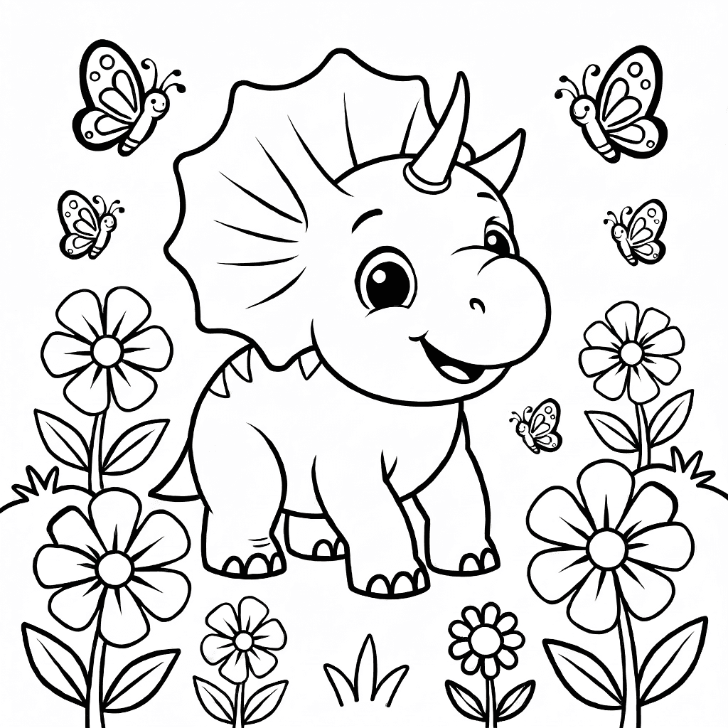 Dinosaurio bebé jugando en un campo de flores con mariposas