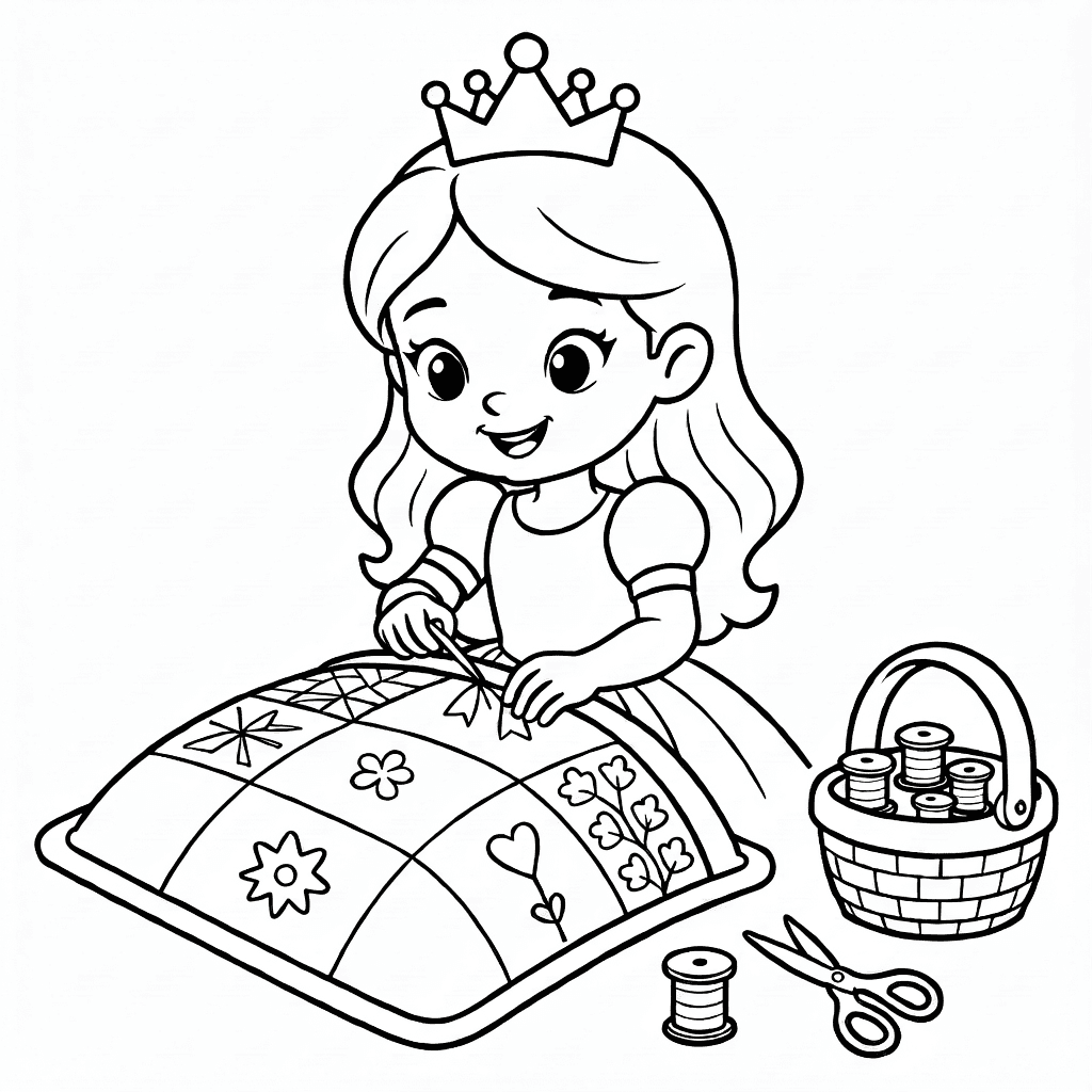 Principessa amichevole che cuce una grande coperta patchwork con cestino da cucito vicino