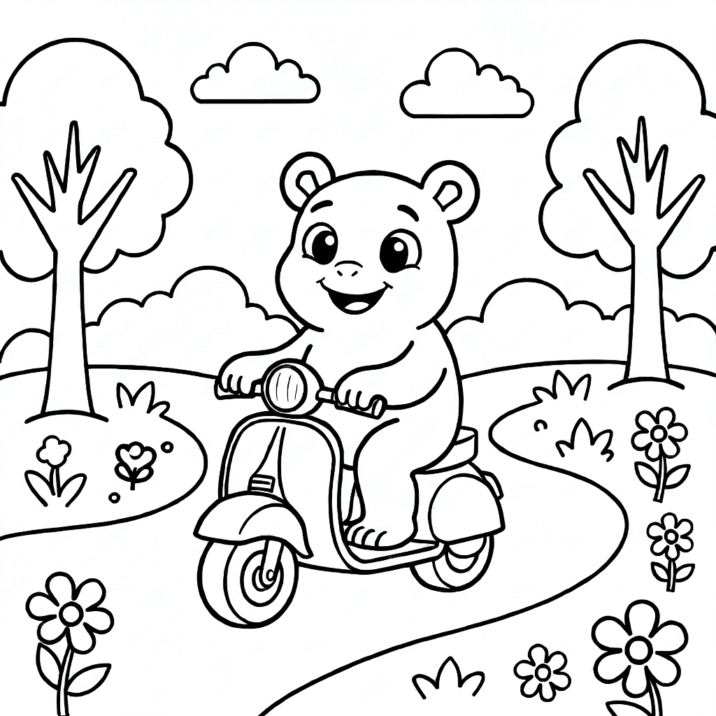 Freundliches, fröhliches Monster auf einem Roller auf einem geschwungenen Weg mit Bäumen und Blumen