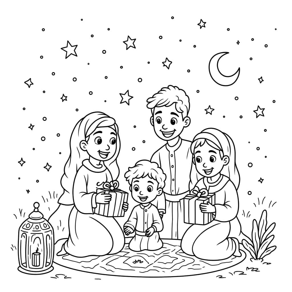 A family celebrating Eid together, smiling and happy in traditional clothing