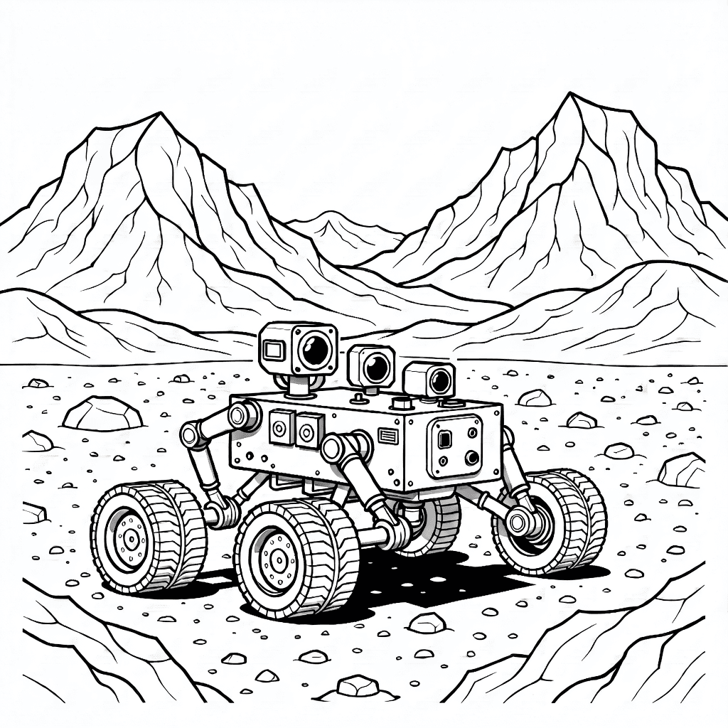 Rover de Marte com rodas e braços robóticos explorando terreno rochoso com montanhas e céu claro