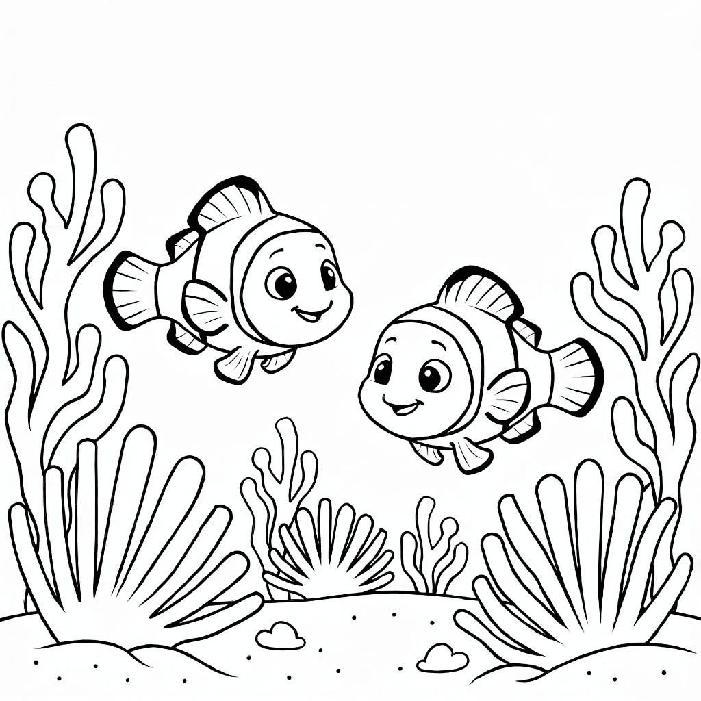 Two bright orange clownfish swimming among waving sea anemones with flowing tentacles on white background