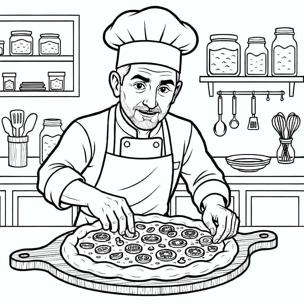 Koch belegt große Pizza in einer detaillierten Pizzeria Küche