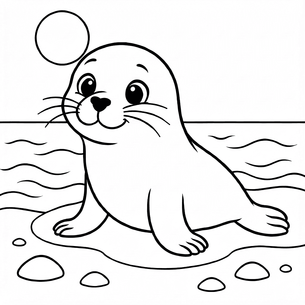Friendly seal balancing a round ball on its nose near shore with gentle waves and stones
