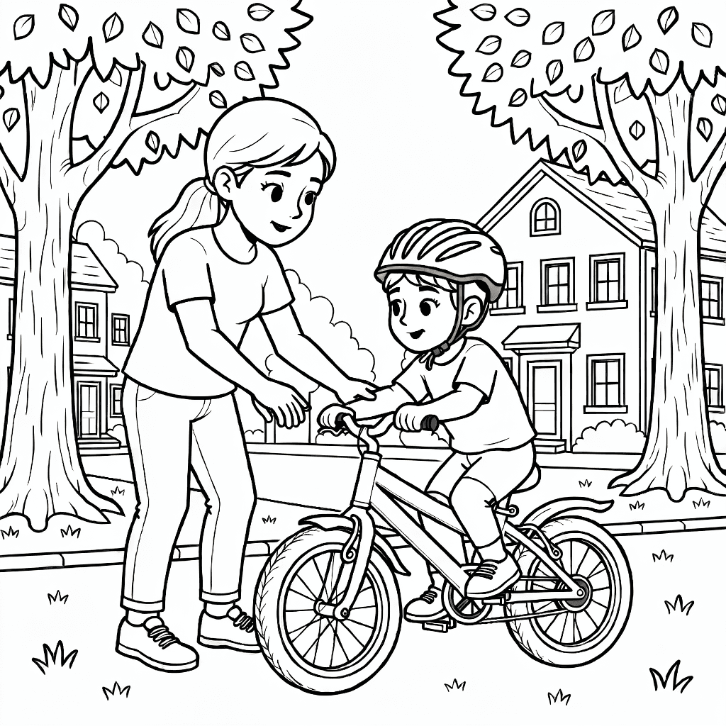 Elternteil bringt Kind das Fahrradfahren bei auf einer sonnigen Straße mit Bäumen und Häusern im Hintergrund