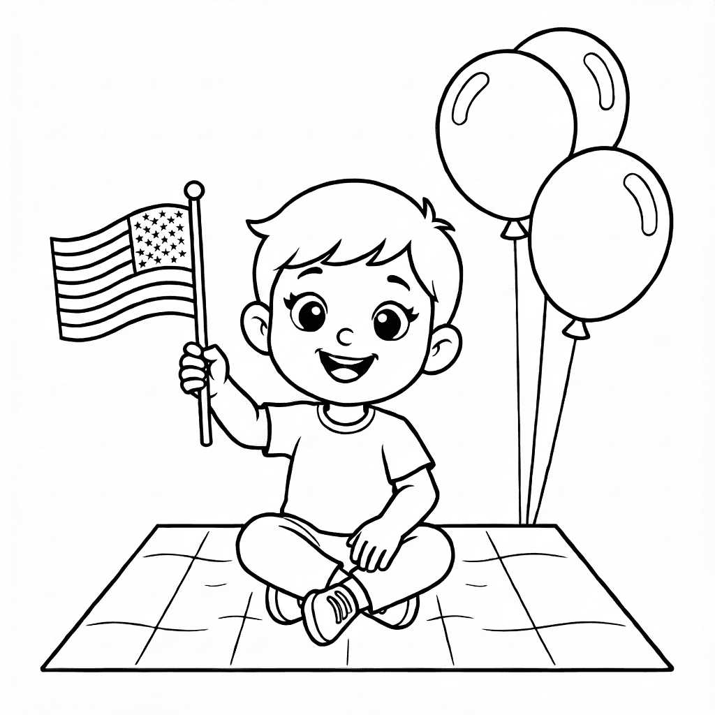 Kind sitzt auf Picknickdecke und winkt mit kleiner amerikanischer Flagge, bunte Luftballons schweben