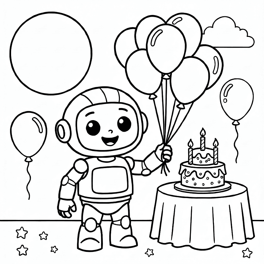 Robot felice che tiene palloncini a una festa di compleanno con tavolo decorato e torta