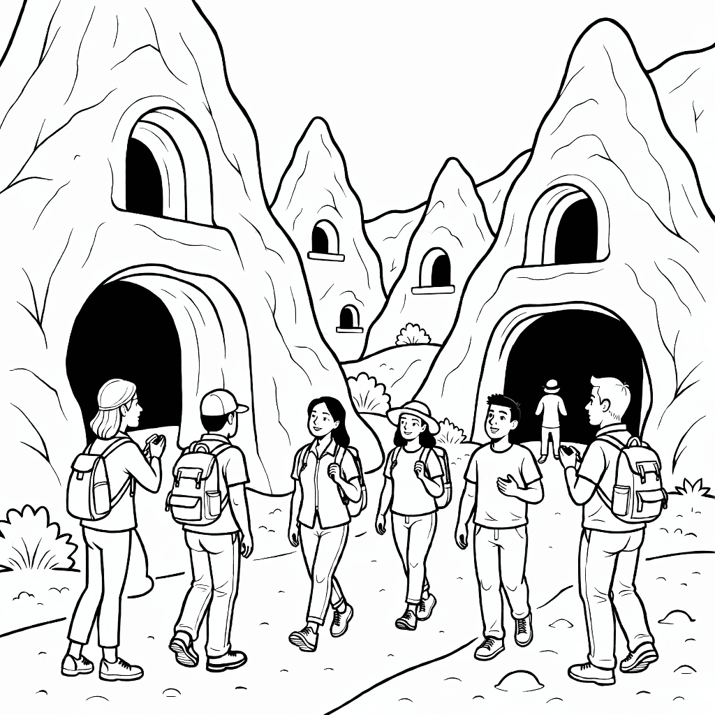 Tourists walking along a path exploring ancient cave dwellings carved into Cappadocia cliffs with detailed rock formations