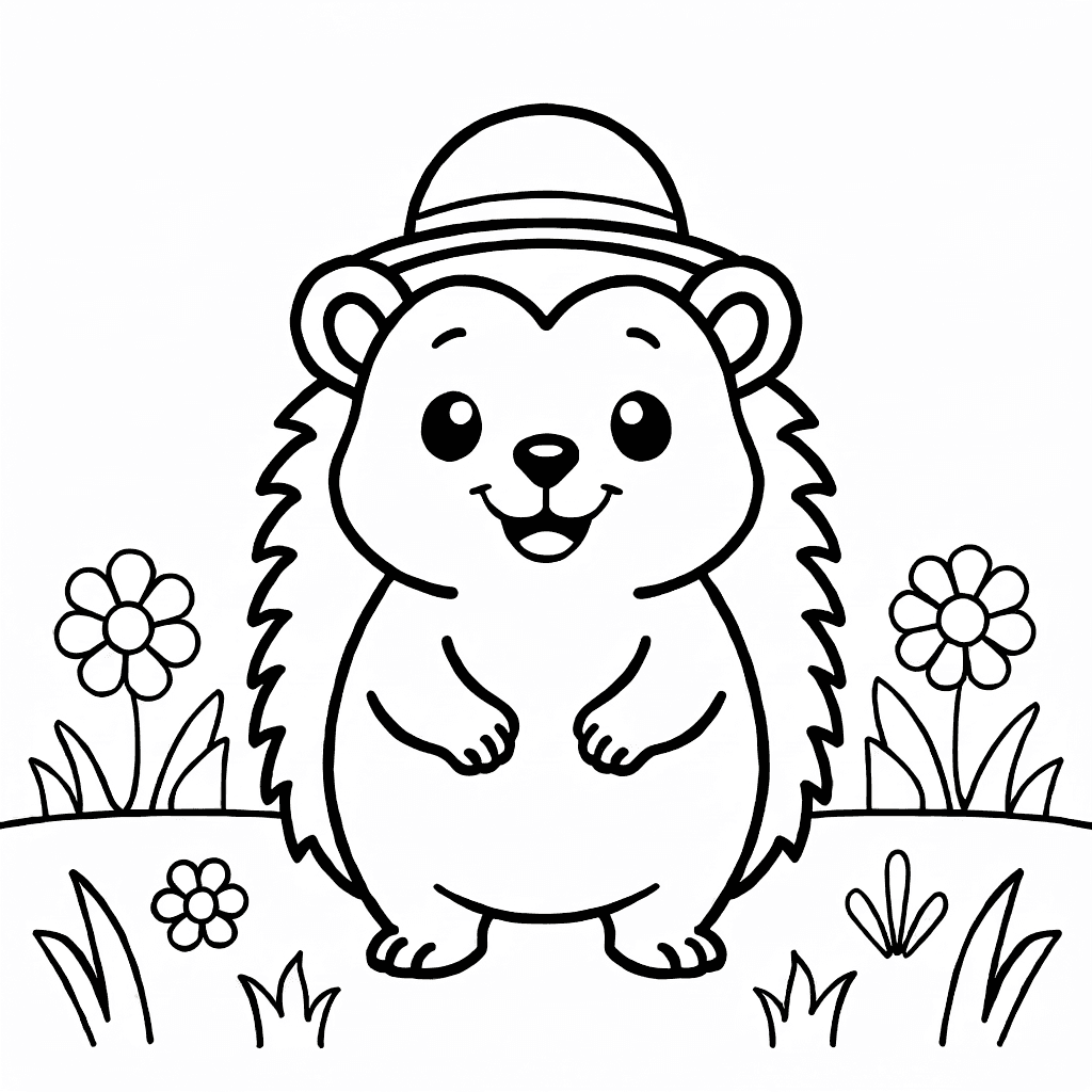Lächelnder Igel mit kleinem Hut auf einer Wiese mit Gras und Blumen