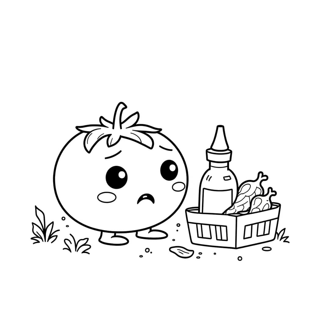 A cute tomato with a worried face looking at a ketchup bottle