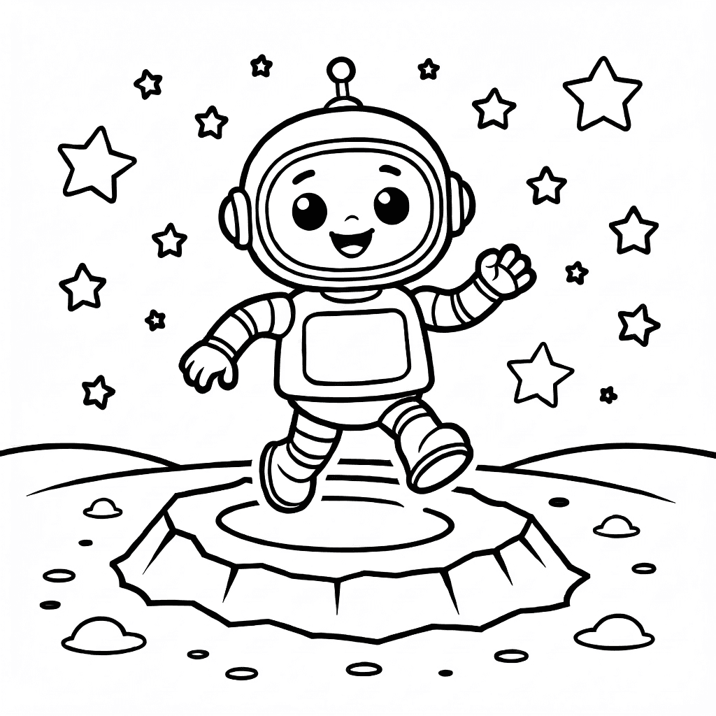 Friendly robot bouncing on a large moon crater surrounded by twinkling stars