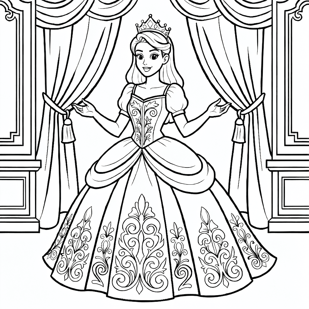Principessa con abito elegante e corona davanti a tenda dettagliata del palazzo