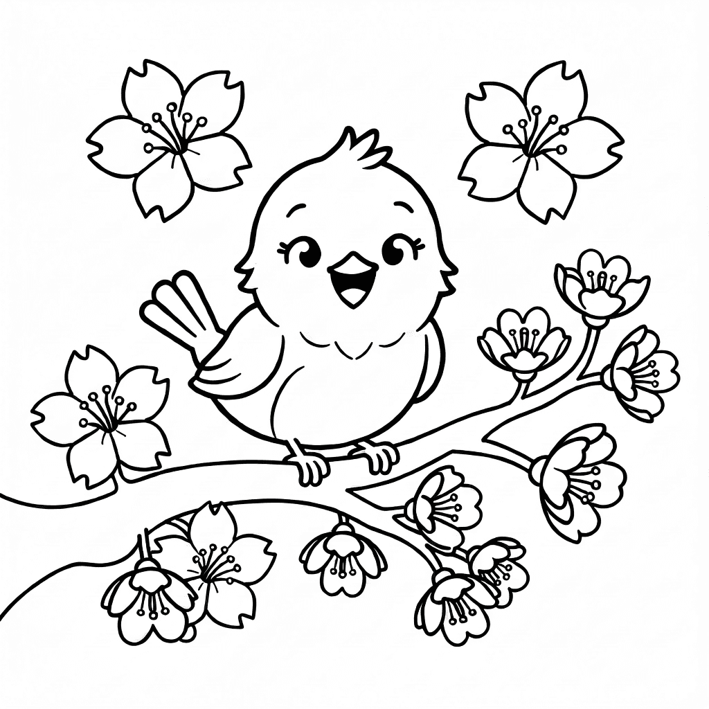 Runder blauer Vogel singt auf gebogenem Kirschblütenzweig mit Kirschblüten um ihn herum