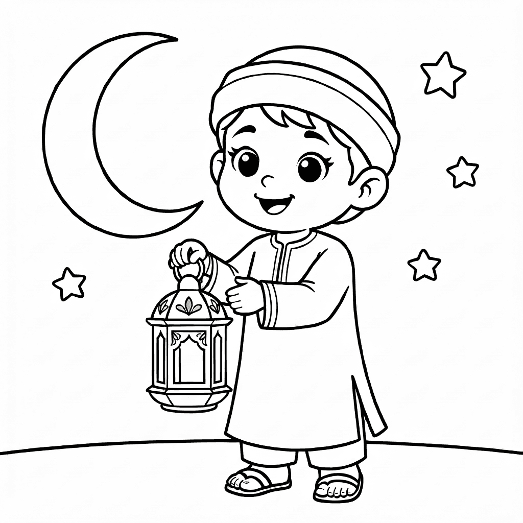 Fröhliches Kind in traditioneller Kleidung mit Laterne unter Vollmond und Sternen in der Eid-Nacht.
