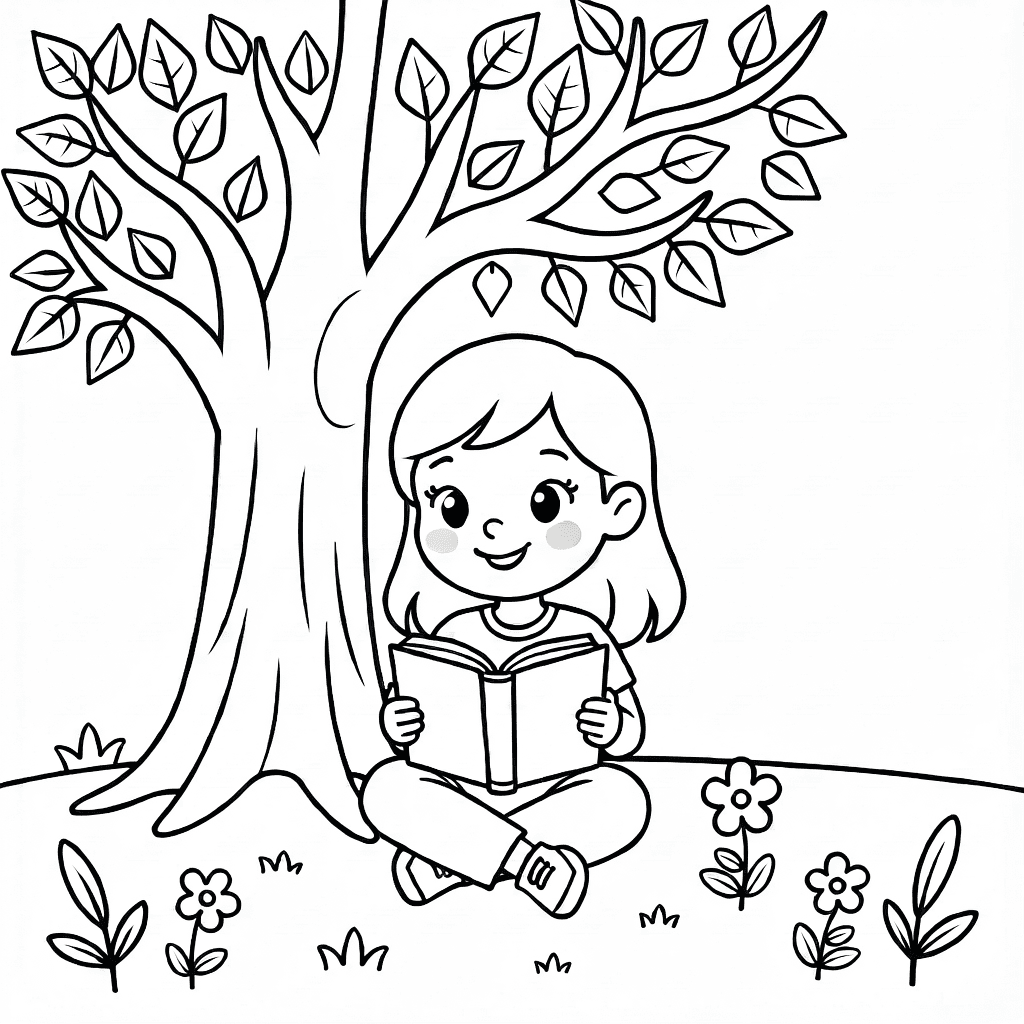 Fille joyeuse aux traits doux lisant un livre sous un grand arbre avec feuilles et petites fleurs autour