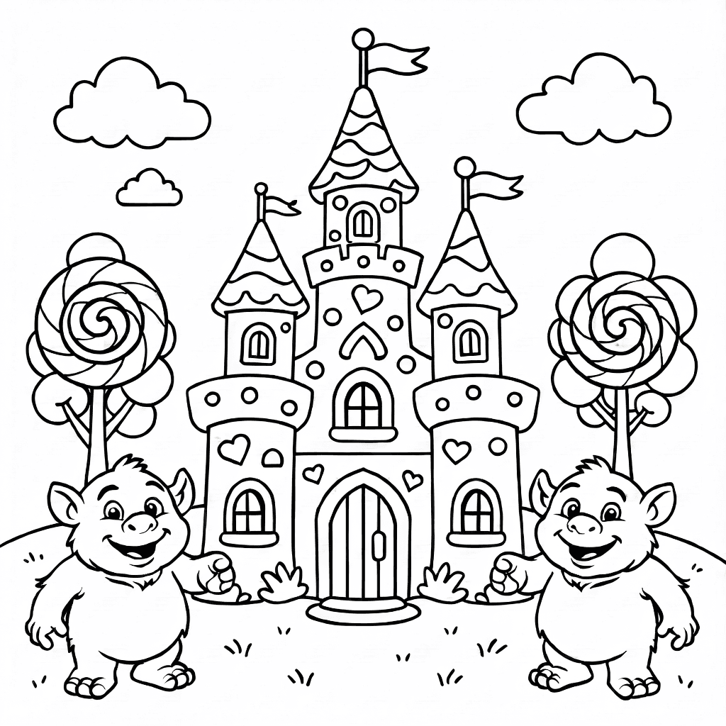 Castello di caramelle con forme arrotondate e troll sorridenti fuori, alberi di caramelle e nuvole sullo sfondo