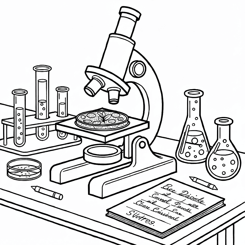 Bitki hücresi lamı üzerinde mikroskop ve çevresinde laboratuvar notları ile bilimsel ekipman
