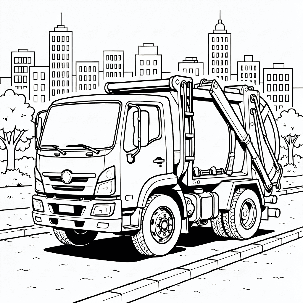 Detailed illustration of a trash truck with garbage bins and wheels