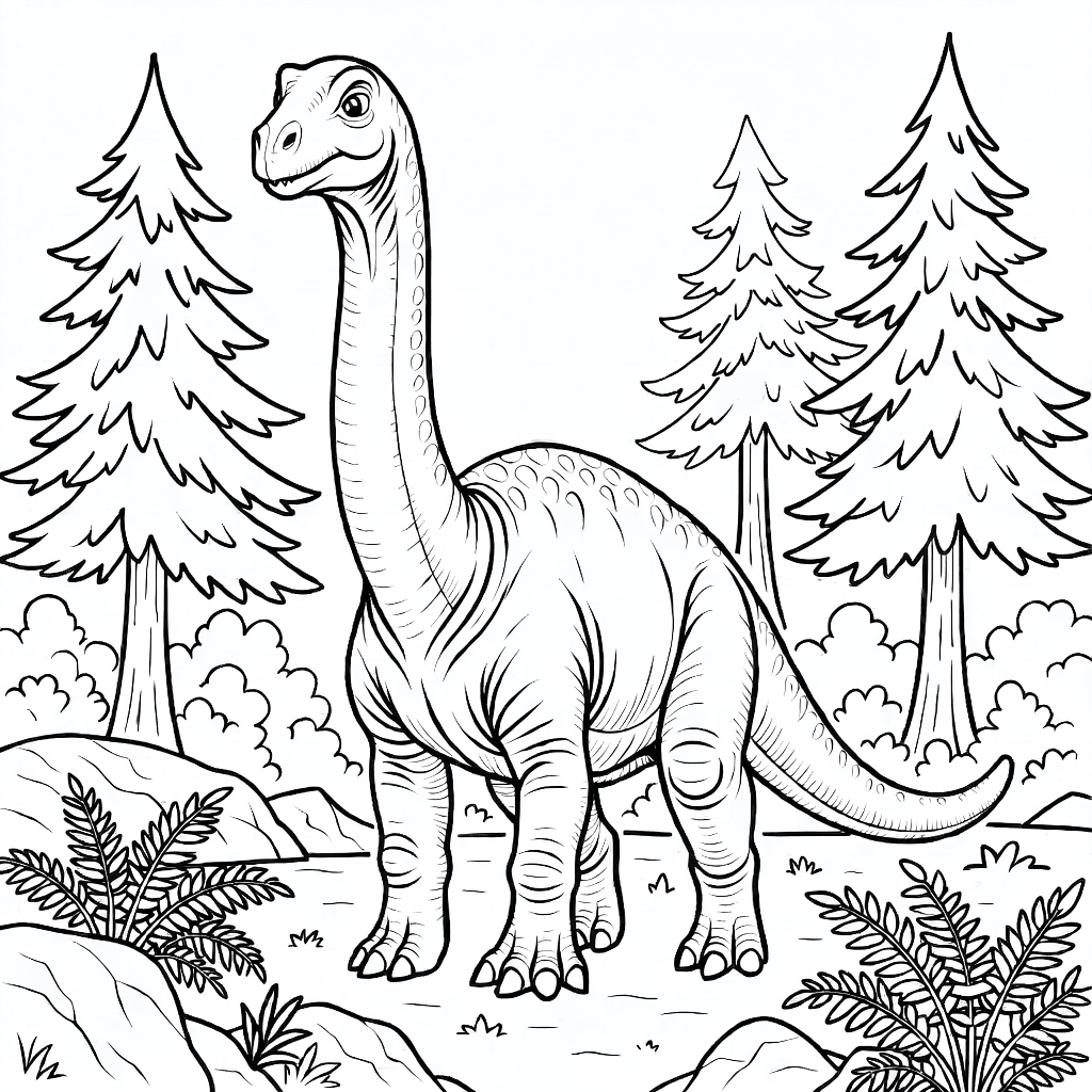Illustration of a Diplodocus dinosaur with a long neck and tail, standing on land.