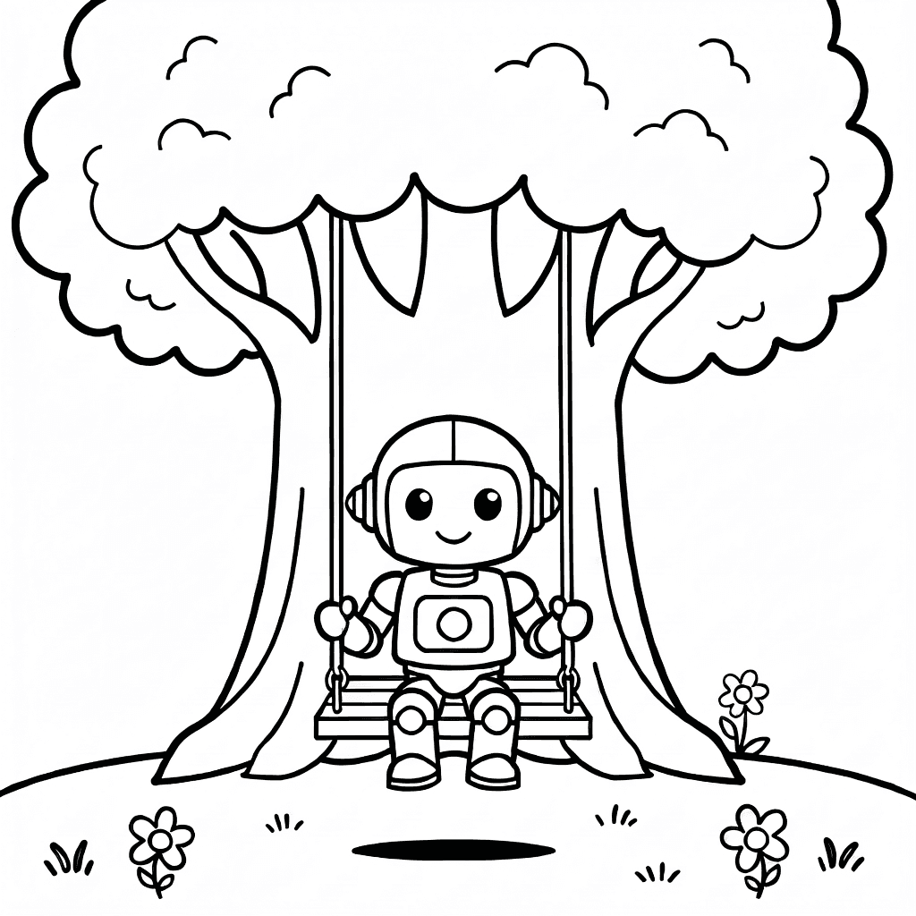 Robot amichevole seduto su un'altalena appesa a un grande albero con prato e piccoli fiori intorno