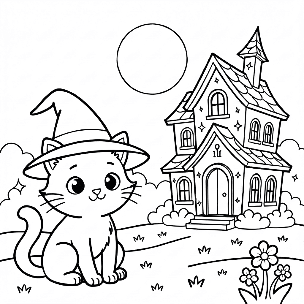 Small black cat wearing a pointed witch hat sitting in front of a haunted house with a big round moon behind