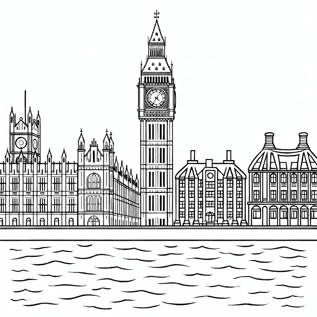 Detailed London skyline with Big Ben clock tower and River Thames in the foreground