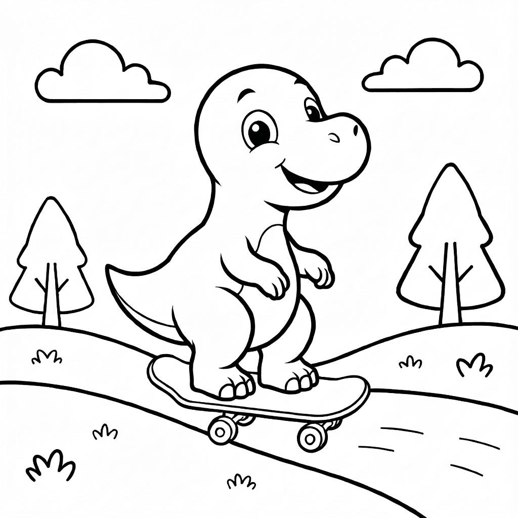 Dinosaurio amigable con una sonrisa montando una patineta bajando una colina con árboles y rocas al fondo