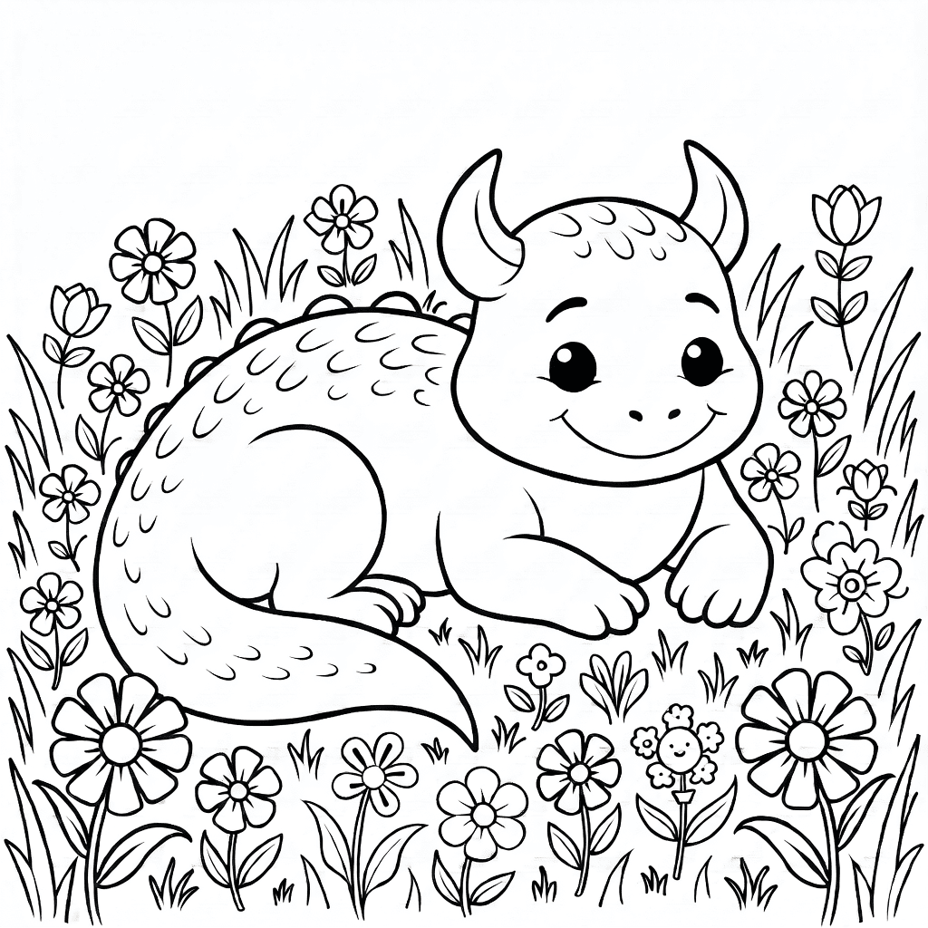 Ein sanftes großes Monster mit abgerundeten Hörnern und großen Augen liegt in einem Feld mit detaillierten Wildblumen und