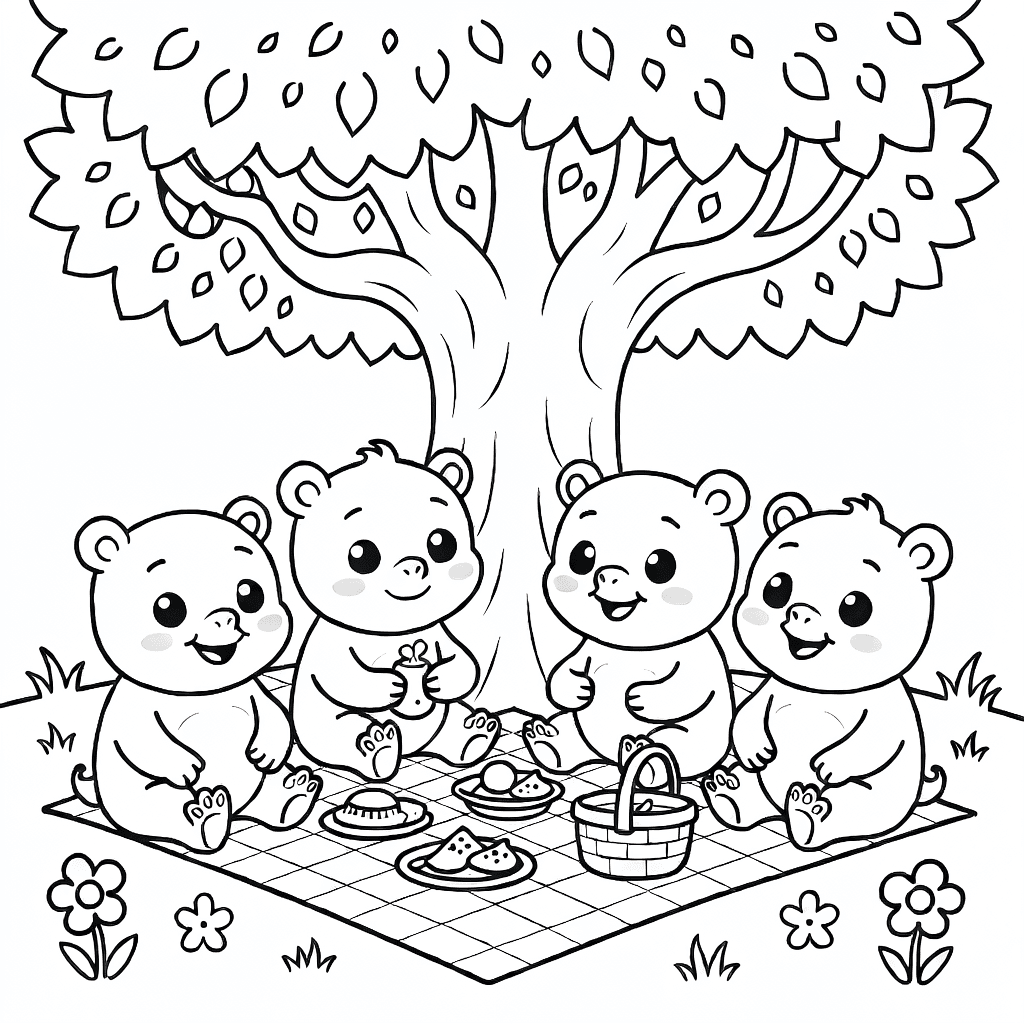 Gruppe süßer Baby-Monster beim Picknick unter einem Baum mit Decke, Korb, Blumen und Gras