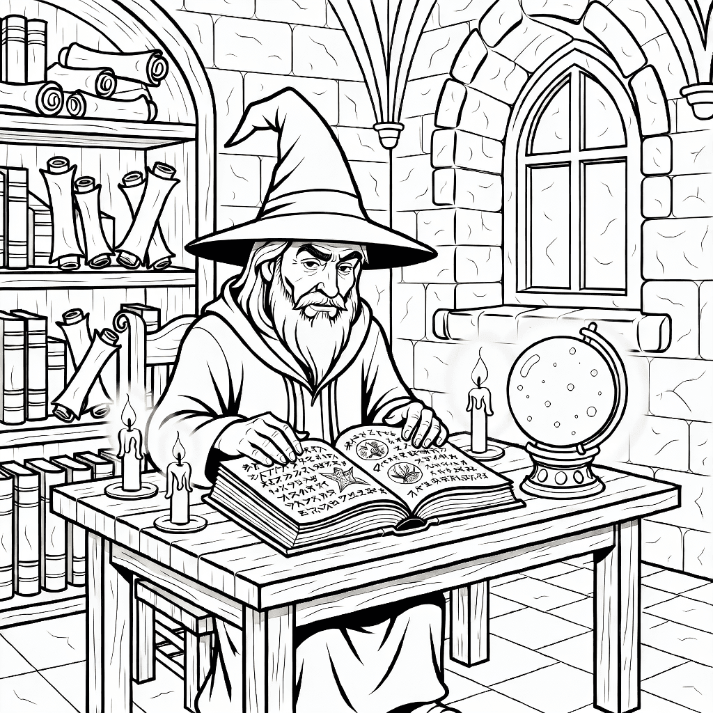 Mago seduto in una torre di pietra che legge un grande libro di incantesimi a un tavolo di legno circondato da libri