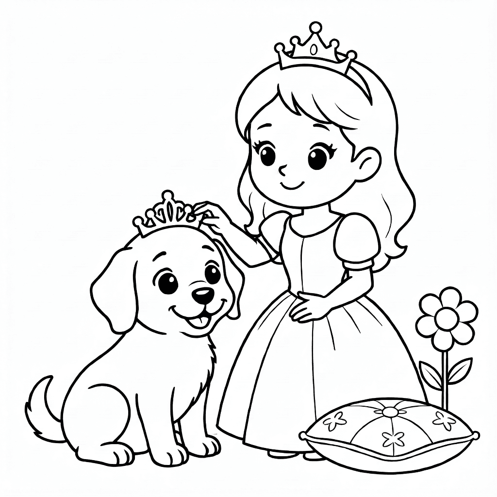 Principessa gentile che mette una piccola tiara sulla testa di un cucciolo felice seduto vicino a un fiore e un cuscino