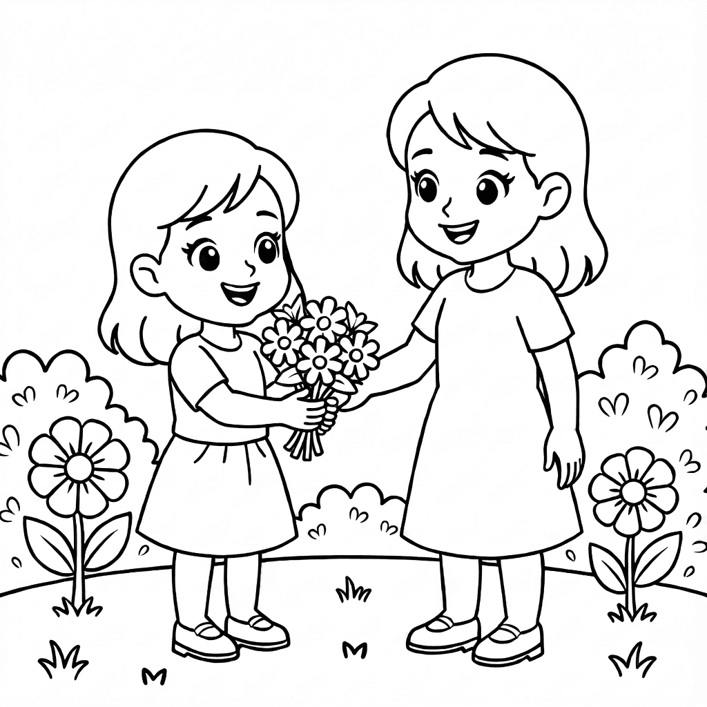Kleines Mädchen überreicht einen Blumenstrauß seiner Mutter im Garten mit Blumen und Büschen